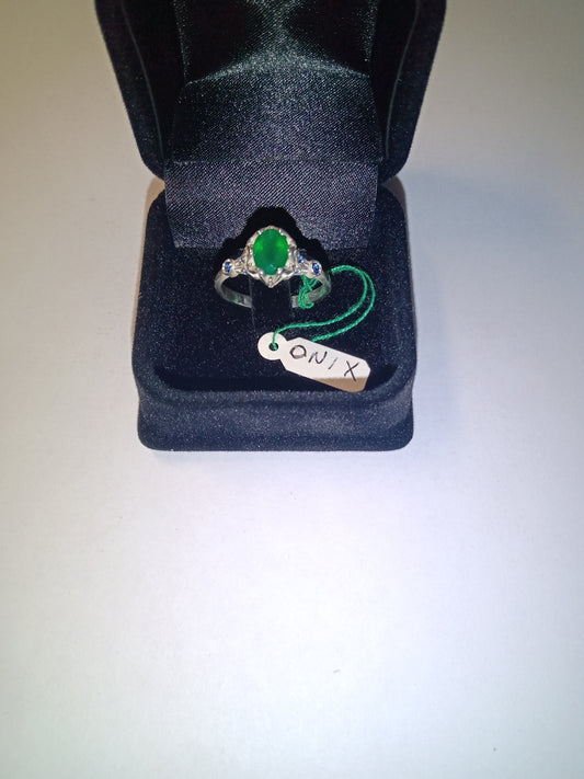 anello argento 925  design onice verde e zaffiri