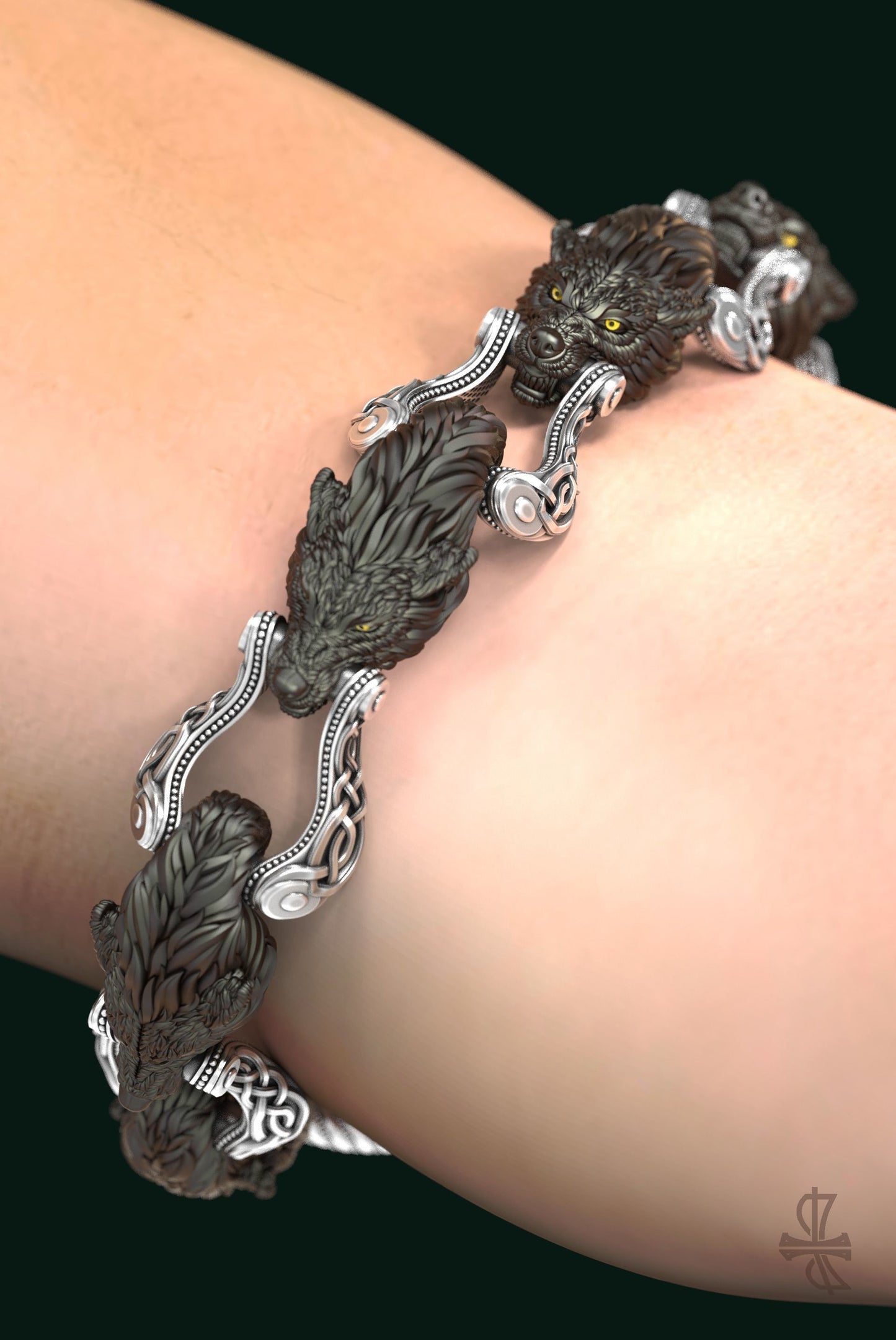 bracciale lupi argento oro 14 kt 18kt design animalier arte made in italy gioielleria scultura uomo unisex