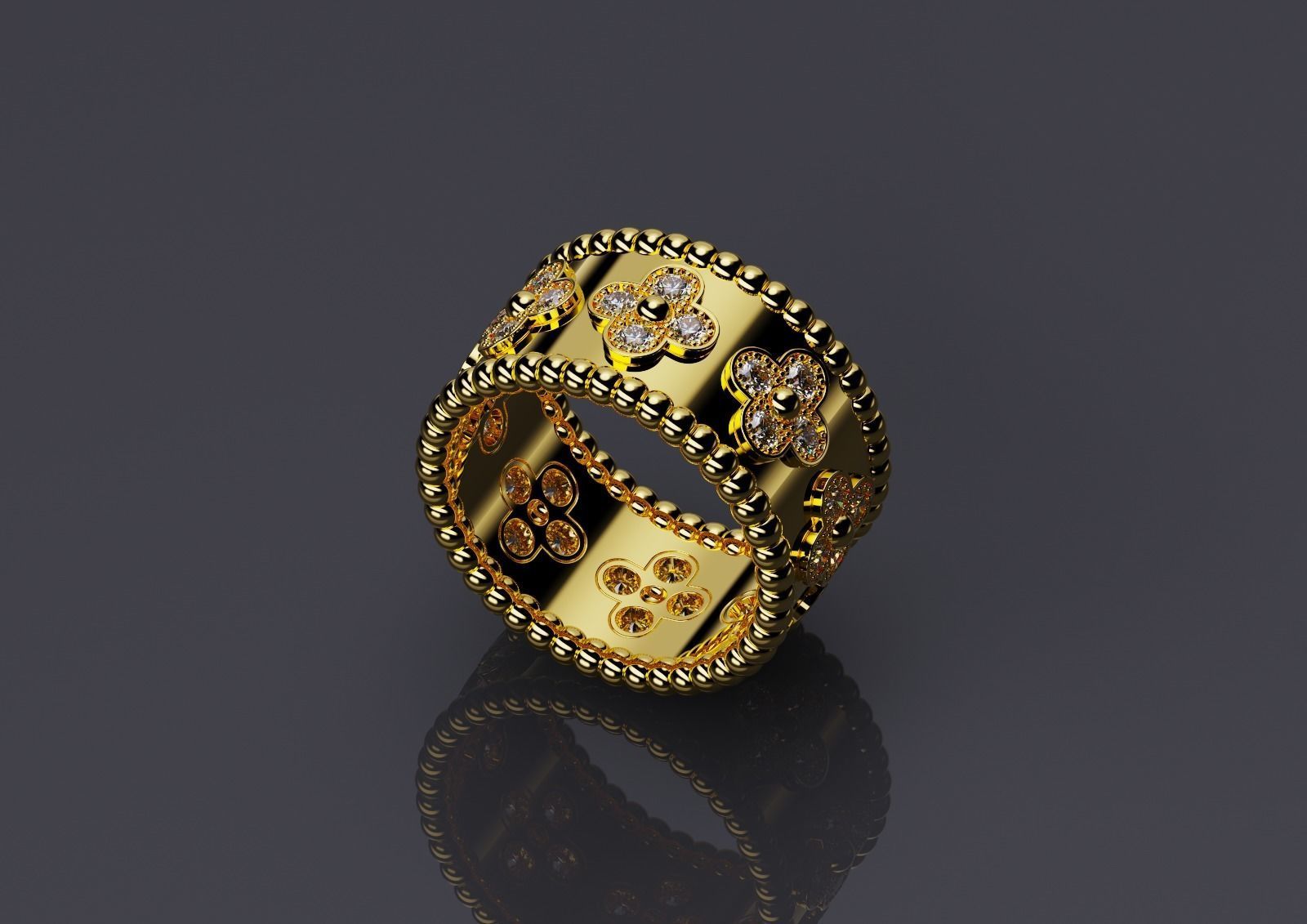 anello fascia quadrifogli oro 18kt e diamanti