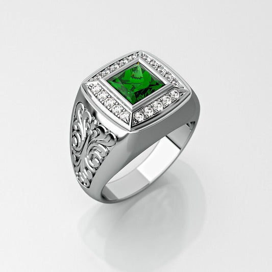 18kt white gold ring emerald and diamonds made in italy unisex fashion men handmade birthday anniversary gift