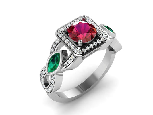 18kt white gold ring made in italy emerald ruby diamonds fashion fashion handmade woman girl anniversary engagement