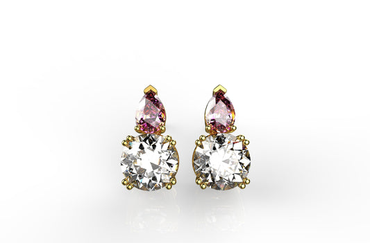 18kt white gold yellow gold earrings with 2 natural ct diamonds 3- natural pink garnets woman gift elegant engagement precious