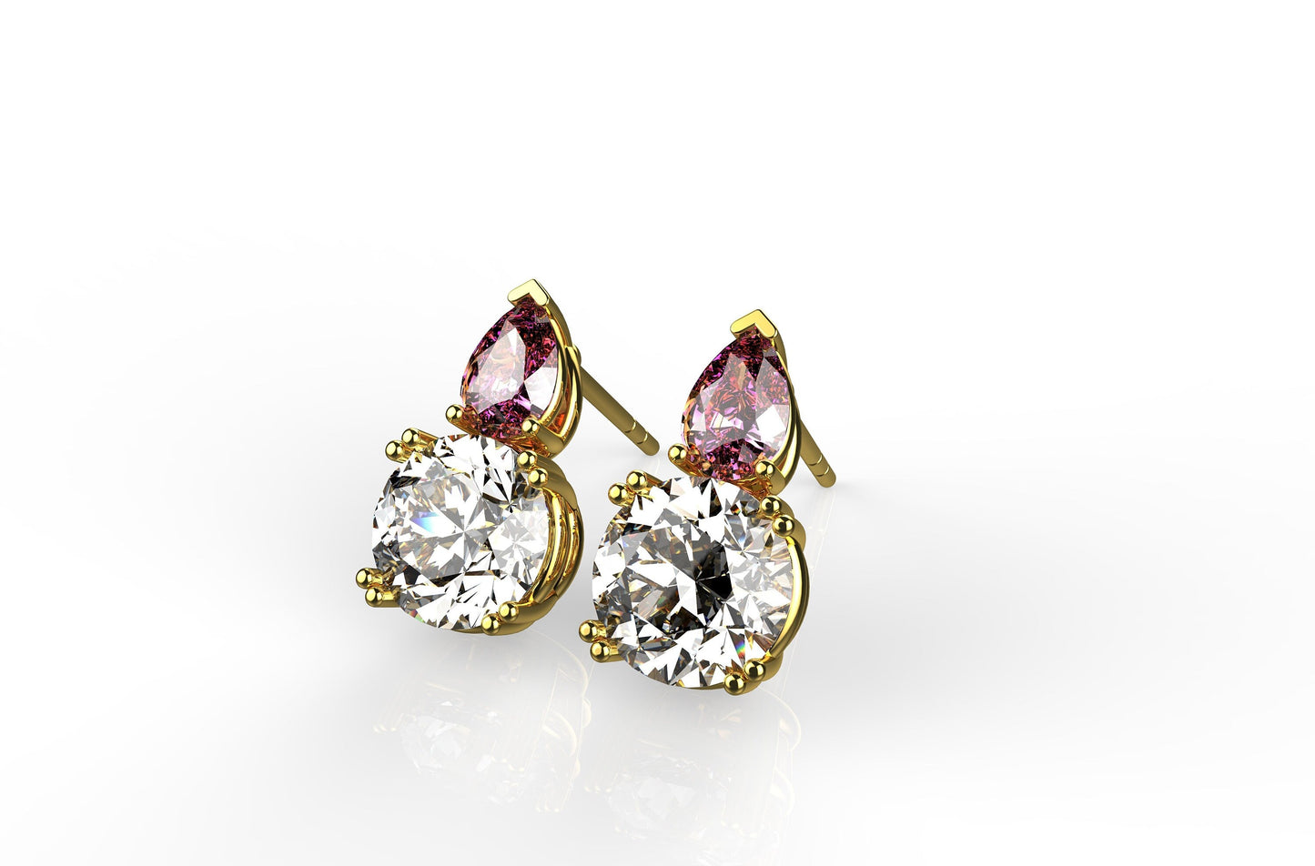 18kt white gold yellow gold earrings with 2 natural ct diamonds 3- natural pink garnets woman gift elegant engagement precious