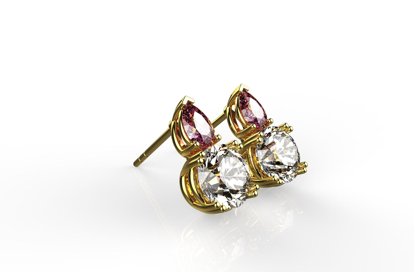 18kt white gold yellow gold earrings with 2 natural ct diamonds 3- natural pink garnets woman gift elegant engagement precious