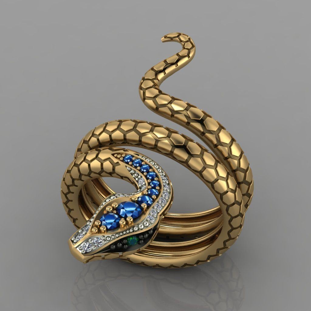 18kt white and yellow gold snake ring sapphire diamonds made in italy birthday anniversary engagement gift