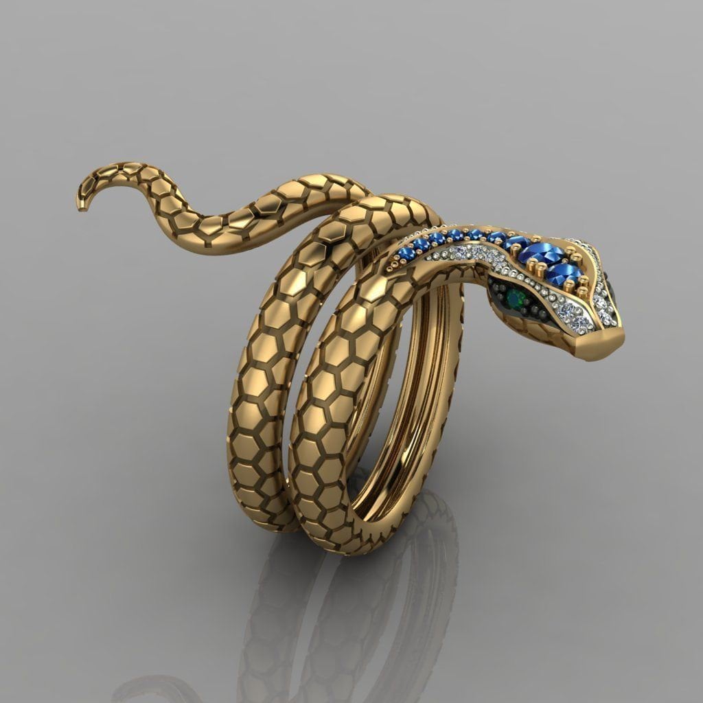 18kt white and yellow gold snake ring sapphire diamonds made in italy birthday anniversary engagement gift
