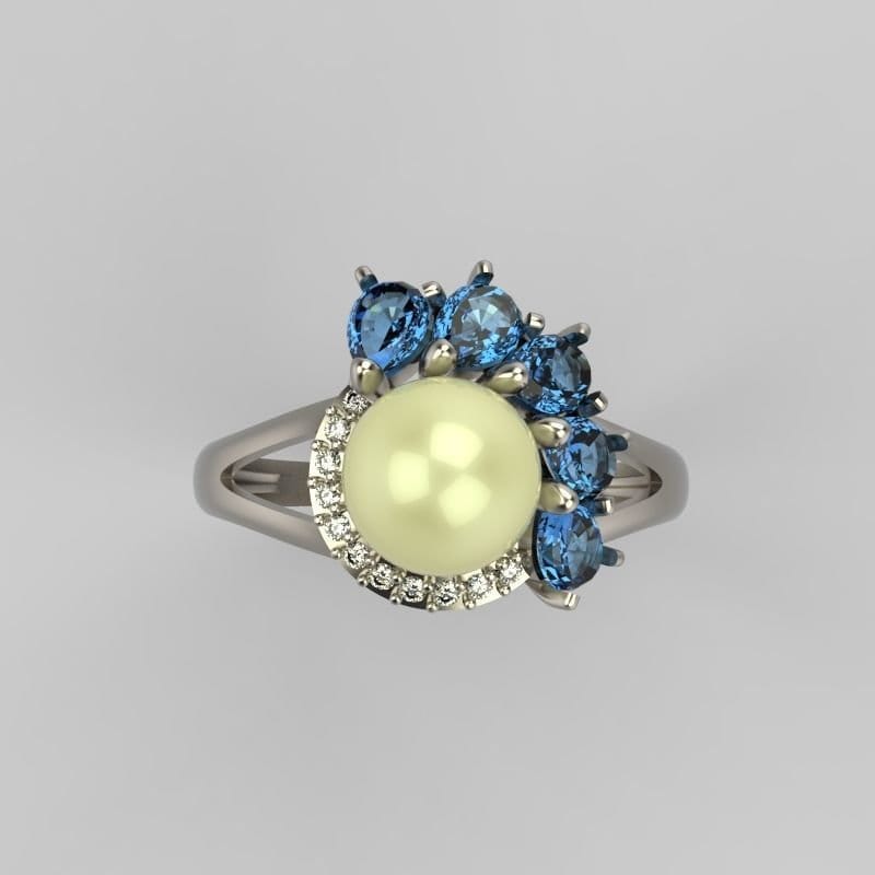 18kt gold ring pearl diamonds sapphires gift bride wedding birthday party woman girl made in italy