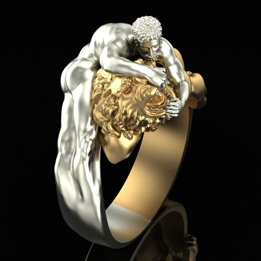 18kt white gold man fight lion ring white made in italy man gift fashion sculpture masterpiece