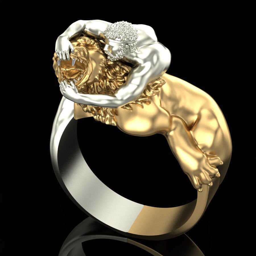 18kt white gold man fight lion ring white made in italy man gift fashion sculpture masterpiece