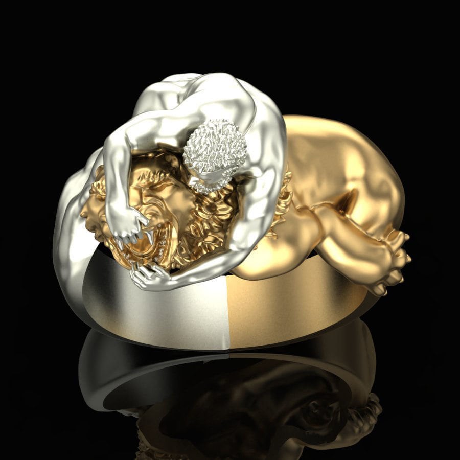 18kt white gold man fight lion ring white made in italy man gift fashion sculpture masterpiece