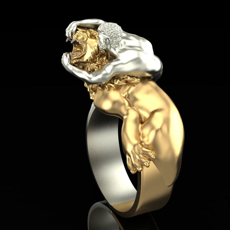 18kt white gold man fight lion ring white made in italy man gift fashion sculpture masterpiece