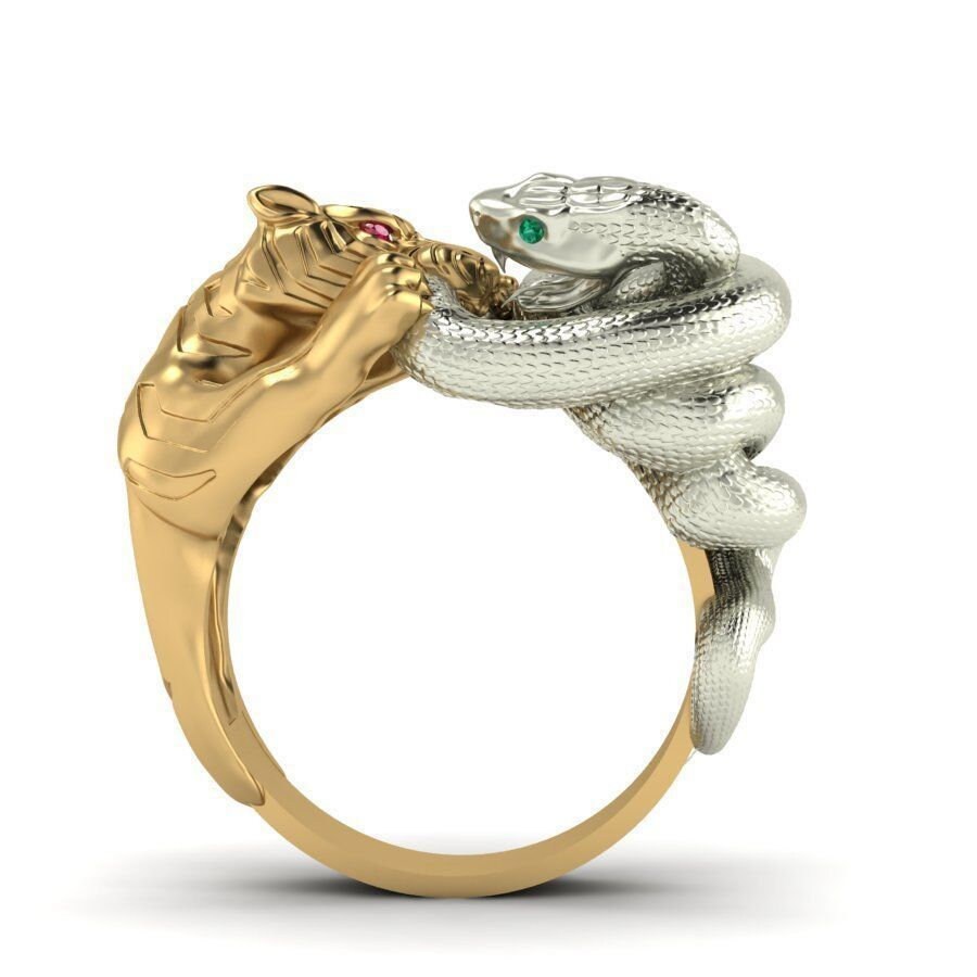 18 kt gold ring bicolor tiger snake emeralds rubies made in italy gift sculpture beautiful animalier unisex woman precious man gold