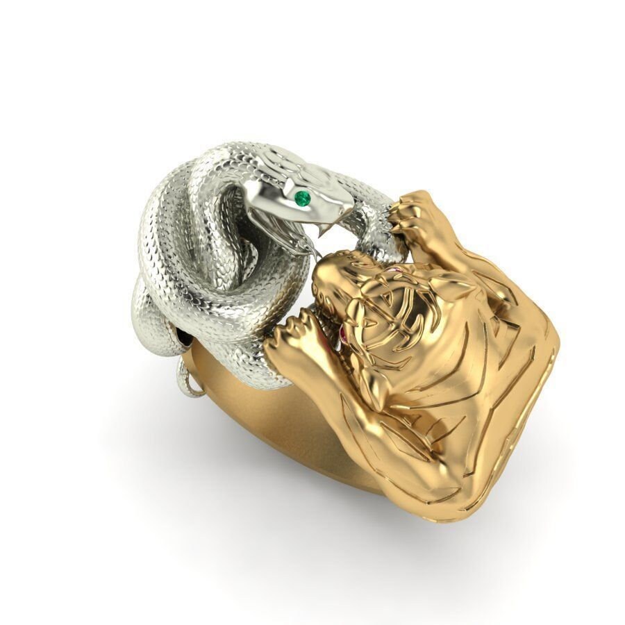 18 kt gold ring bicolor tiger snake emeralds rubies made in italy gift sculpture beautiful animalier unisex woman precious man gold