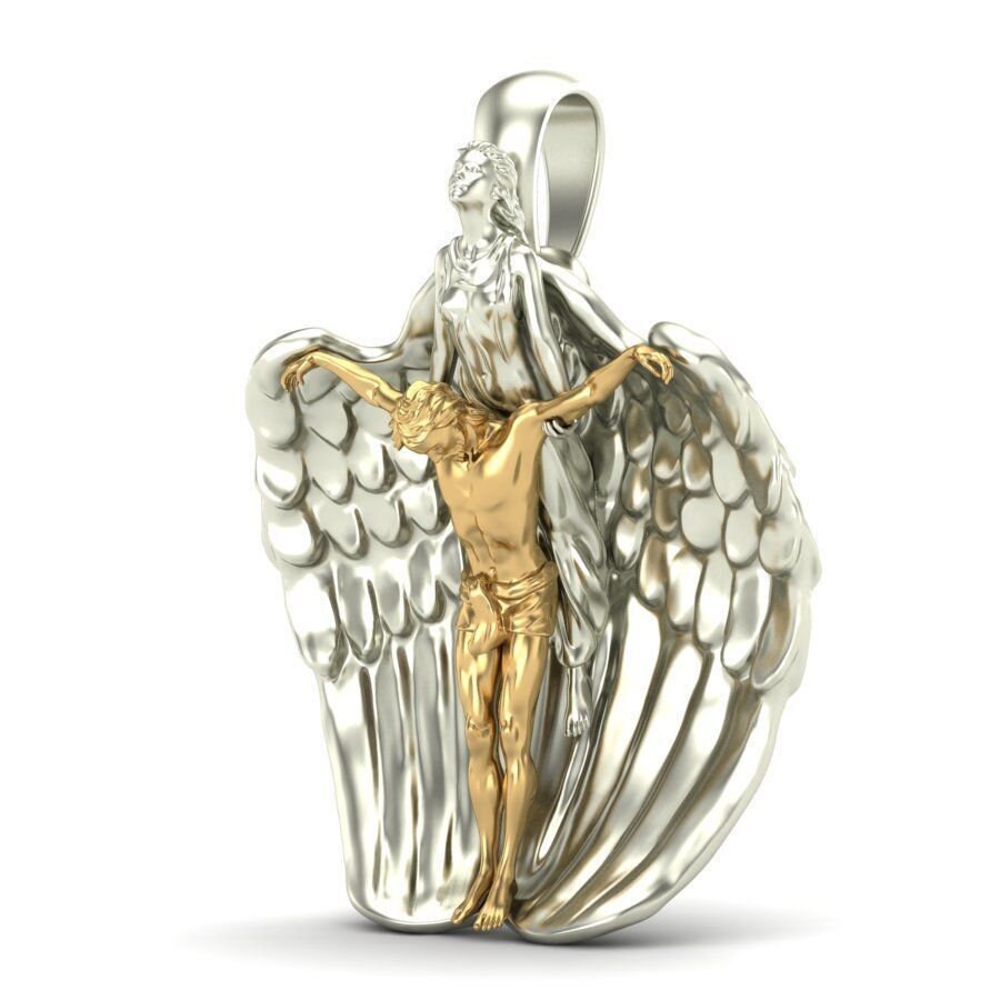 18kt yellow gold pendant silver angel saves gesu 'precious sculpture made in italy birthday gift graduation anniversary