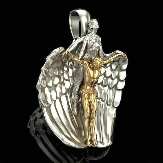 18kt yellow gold pendant silver angel saves gesu 'precious sculpture made in italy birthday gift graduation anniversary