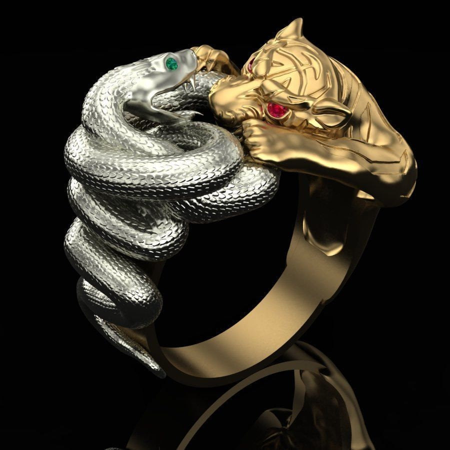 18 kt gold ring bicolor tiger snake emeralds rubies made in italy gift sculpture beautiful animalier unisex woman precious man gold