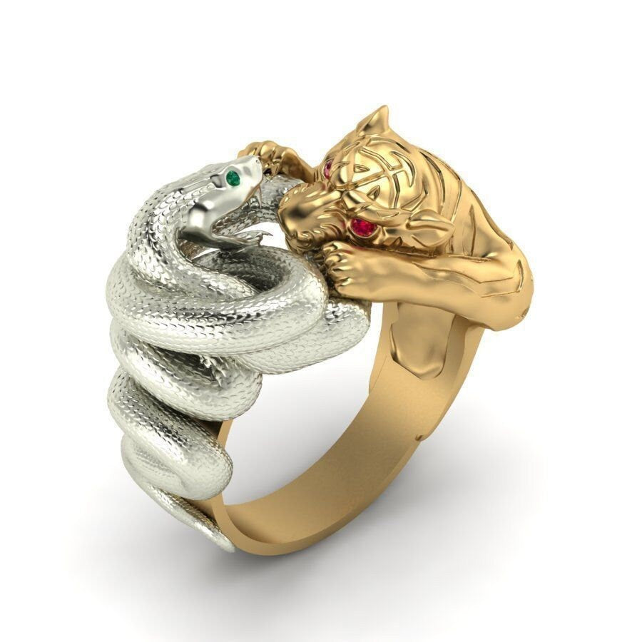 18 kt gold ring bicolor tiger snake emeralds rubies made in italy gift sculpture beautiful animalier unisex woman precious man gold