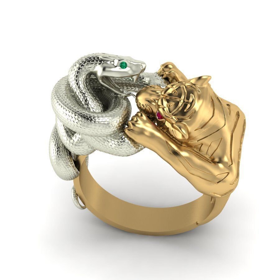 18 kt gold ring bicolor tiger snake emeralds rubies made in italy gift sculpture beautiful animalier unisex woman precious man gold