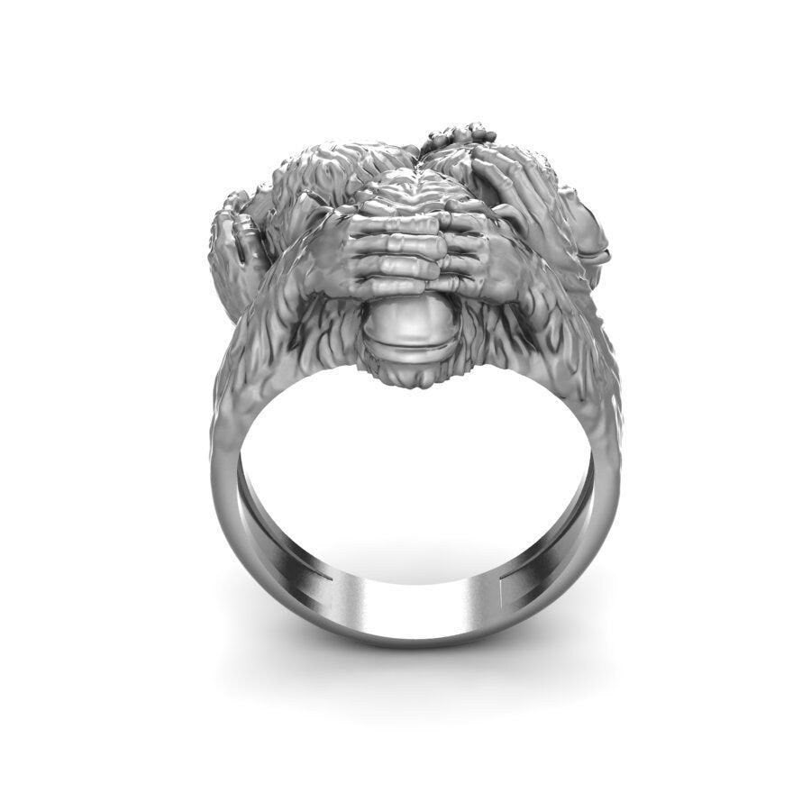 ring three monkeys 18kt gold silver unisex fashion gift precious sculpture woman man