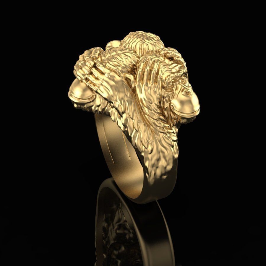 ring three monkeys 18kt gold silver unisex fashion gift precious sculpture woman man