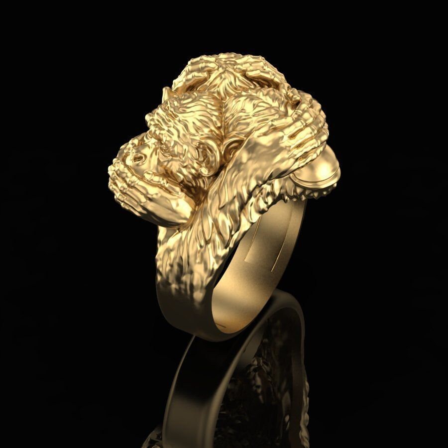 ring three monkeys 18kt gold silver unisex fashion gift precious sculpture woman man