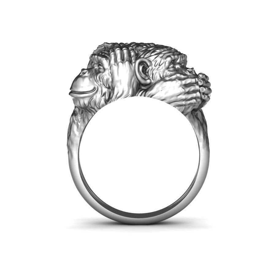 ring three monkeys 18kt gold silver unisex fashion gift precious sculpture woman man