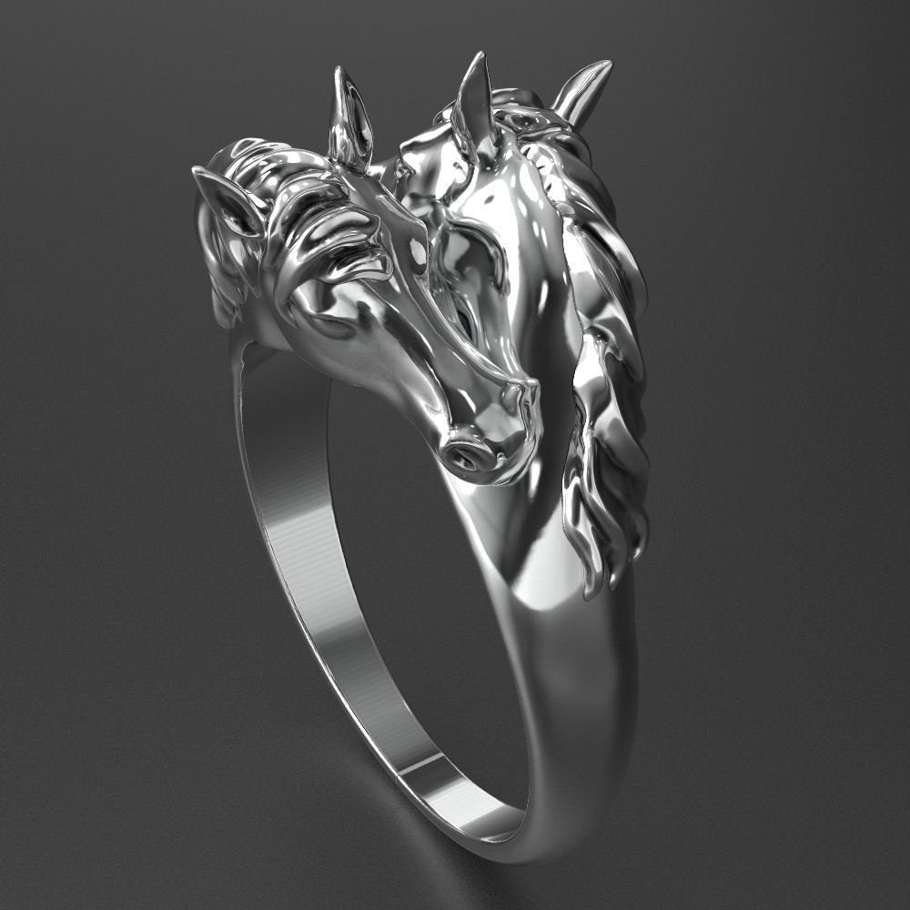 18kt gold ring silver animal horse heads sport gift made in Italy precious luxury design