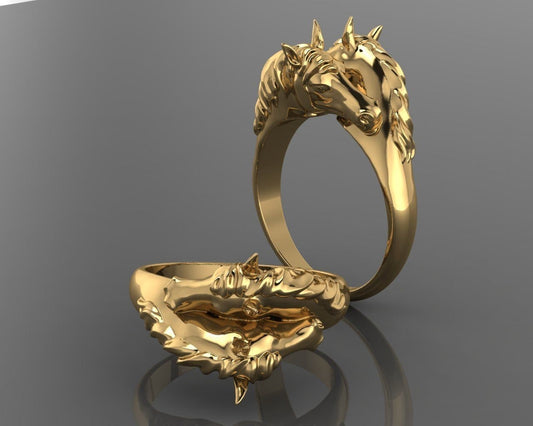 18kt gold ring silver animal horse heads sport gift made in Italy precious luxury design