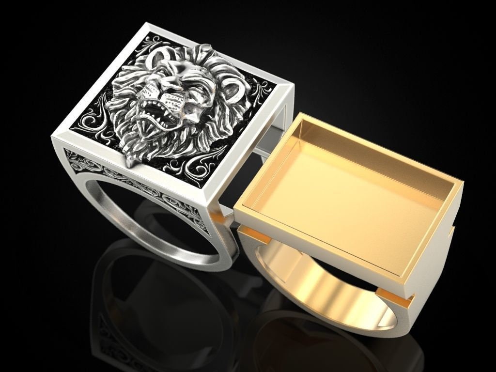 lion ring secret compartment drawer 18kt gold silver coat of arms gift man unisex made in italy animalier