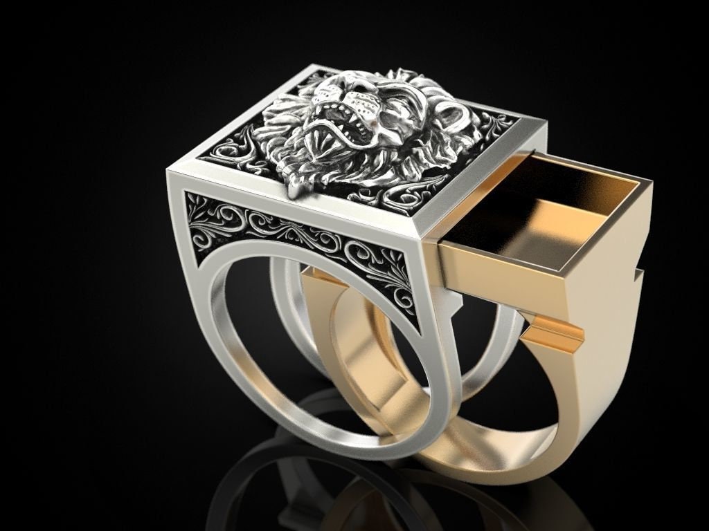 lion ring secret compartment drawer 18kt gold silver coat of arms gift man unisex made in italy animalier