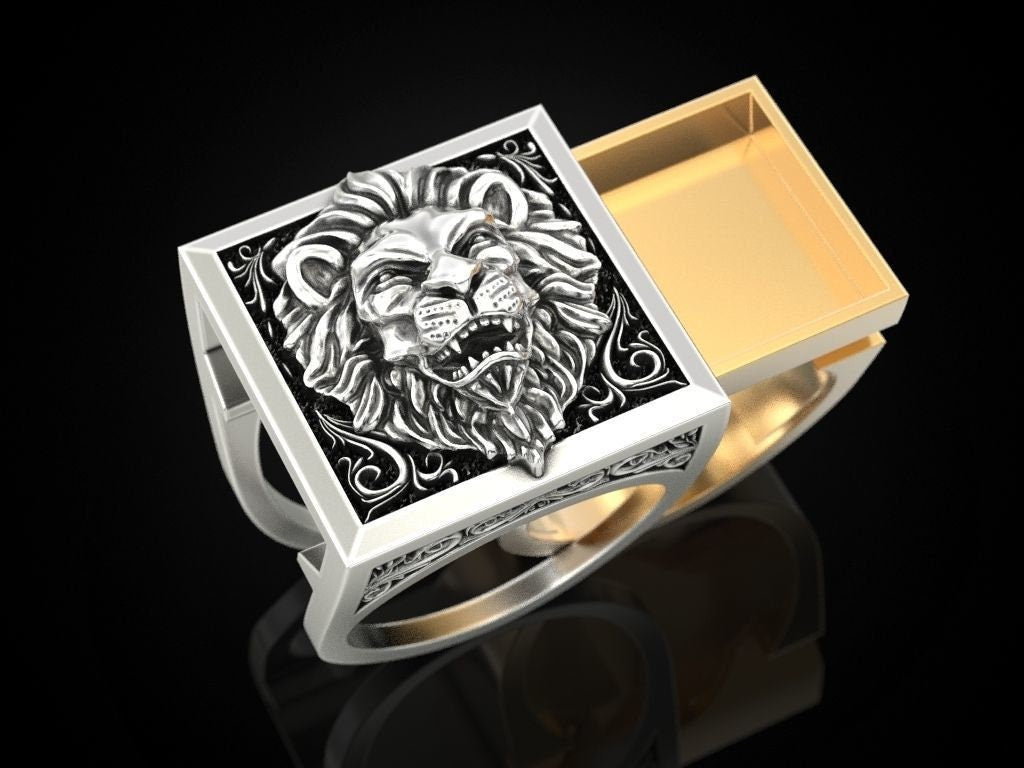 lion ring secret compartment drawer 18kt gold silver coat of arms gift man unisex made in italy animalier