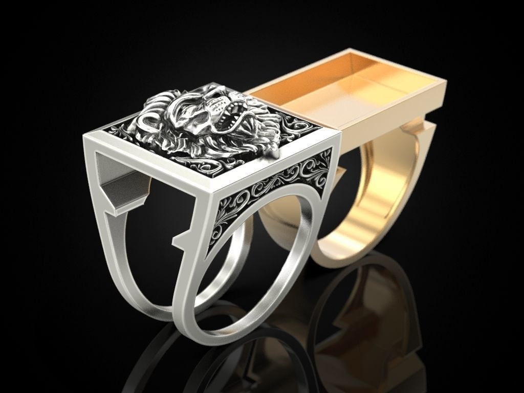 lion ring secret compartment drawer 18kt gold silver coat of arms gift man unisex made in italy animalier