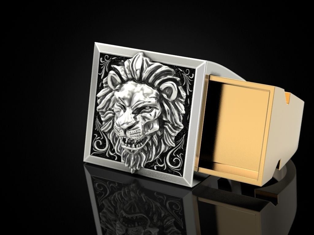 lion ring secret compartment drawer 18kt gold silver coat of arms gift man unisex made in italy animalier