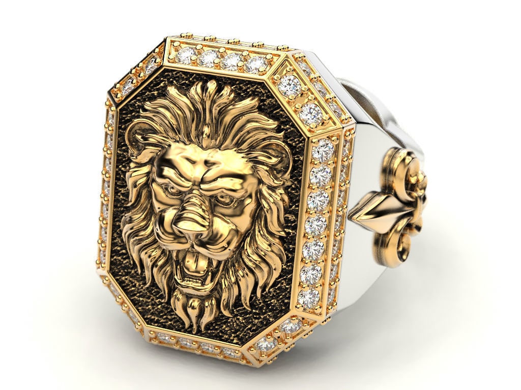 lion signet ring solid diamonds eternal fashion handmade design symbol unisex men fashion gift made in italy