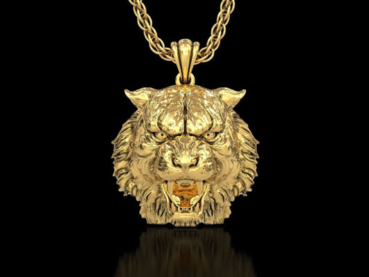 animal tiger head pendant 18 kt gold silver aggressive design strength courage unisex man made in italy gift