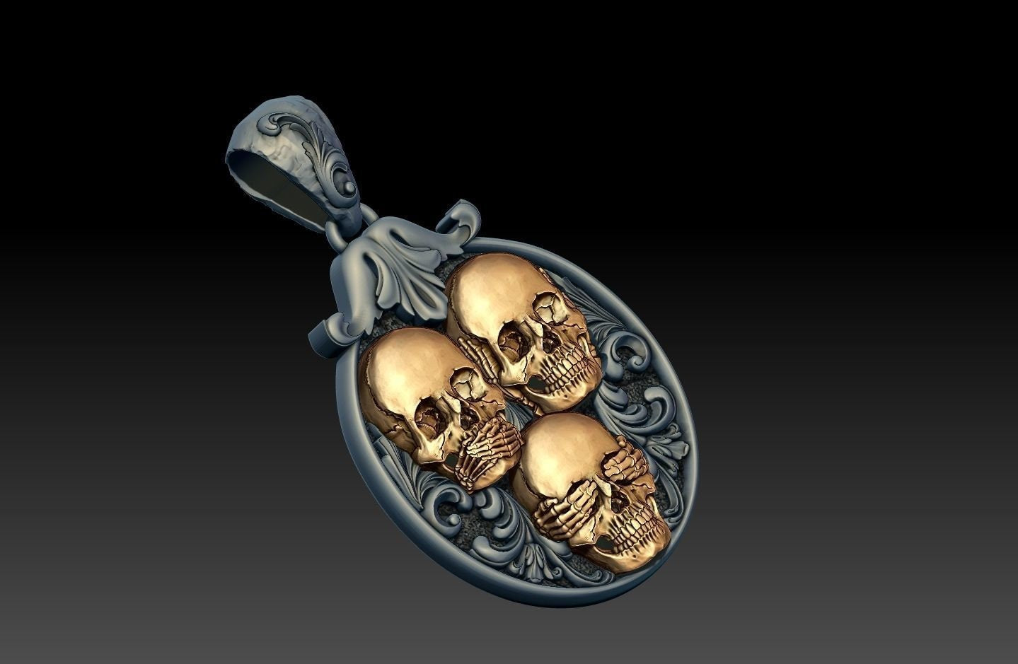 3 skulls pendant I don't see I don't hear I don't speak silver 18kt gold made in Italy sculpture unisex gift for men and women precious time