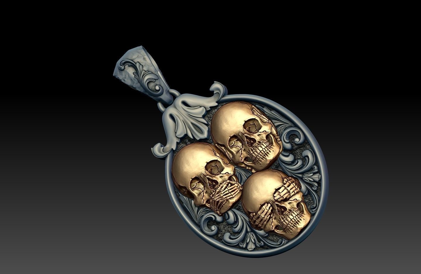 3 skulls pendant I don't see I don't hear I don't speak silver 18kt gold made in Italy sculpture unisex gift for men and women precious time