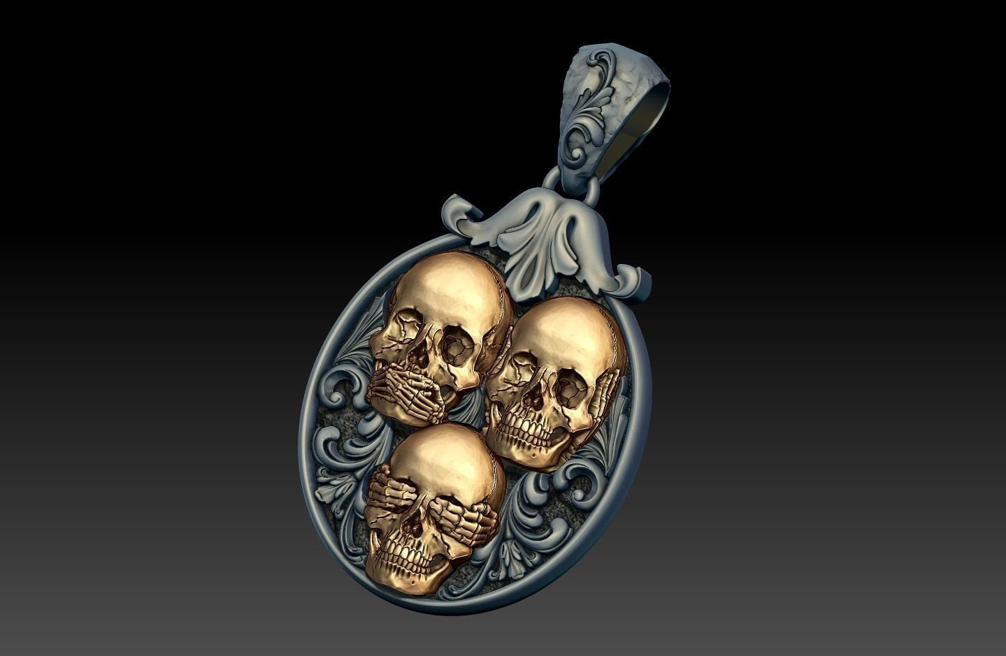 3 skulls pendant I don't see I don't hear I don't speak silver 18kt gold made in Italy sculpture unisex gift for men and women precious time