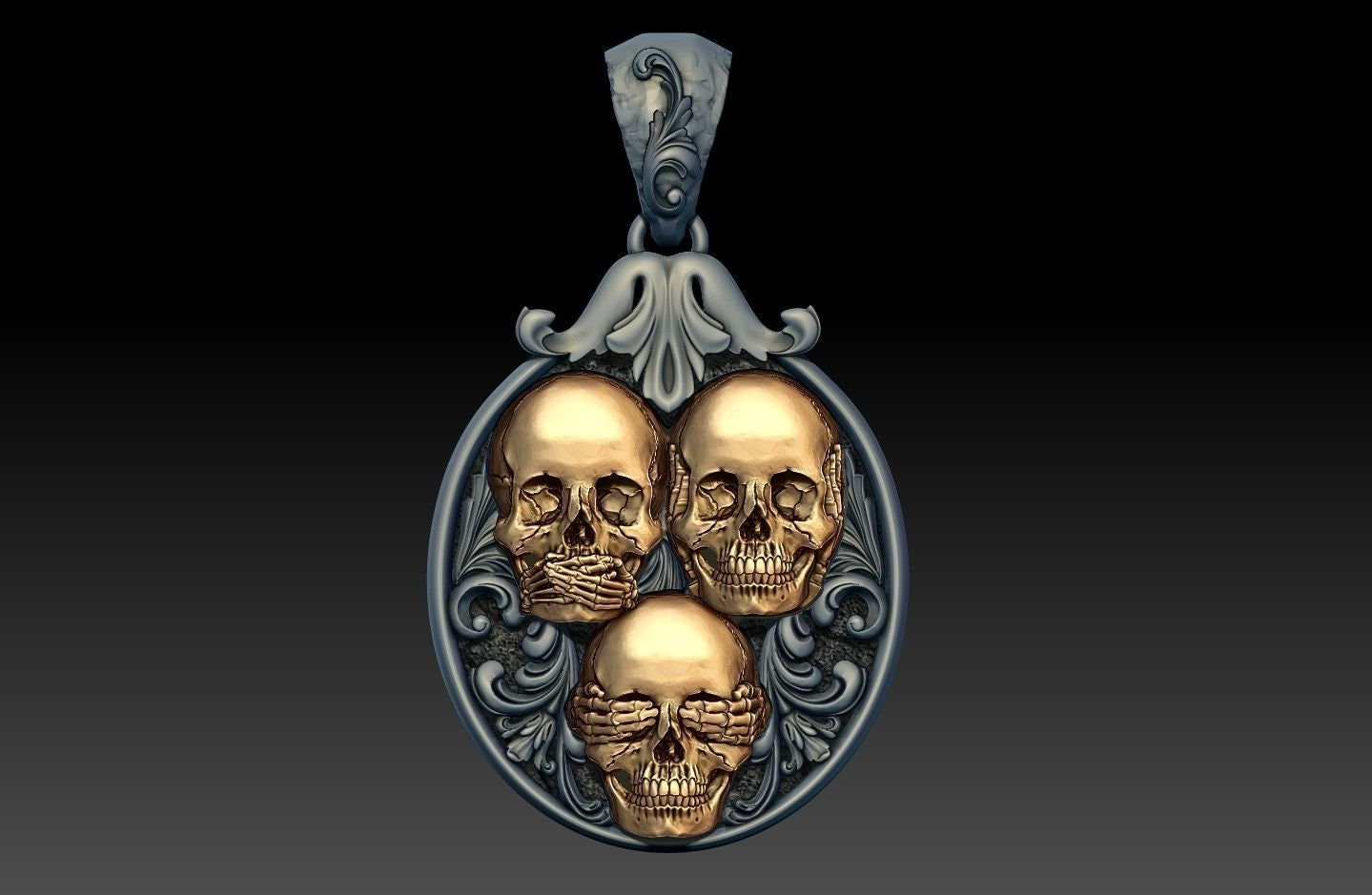 3 skulls pendant I don't see I don't hear I don't speak silver 18kt gold made in Italy sculpture unisex gift for men and women precious time