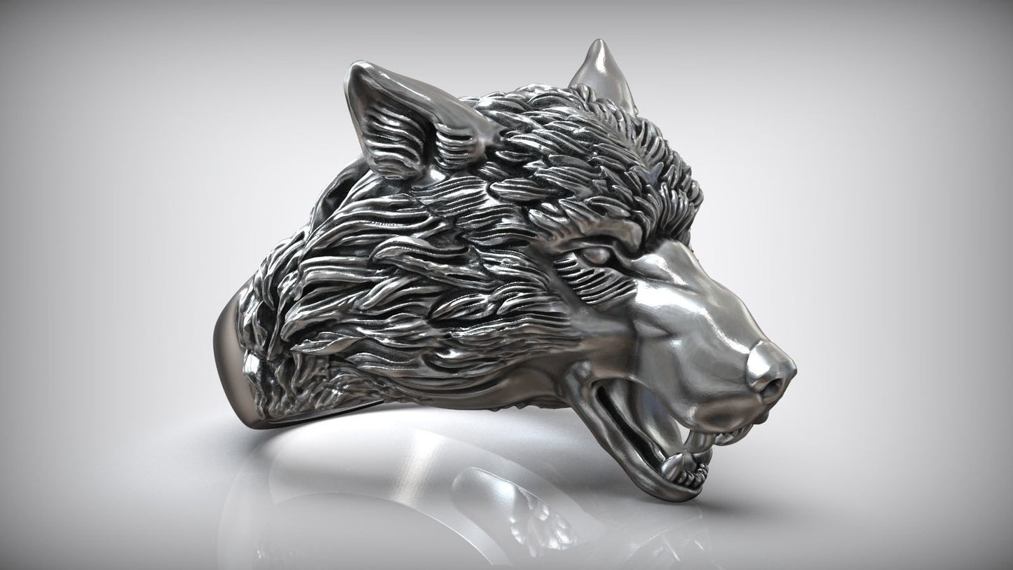 wolf ring sculpture design silver 18 kt gold unisex man gift animalier made in italy birthday sport party boy forest