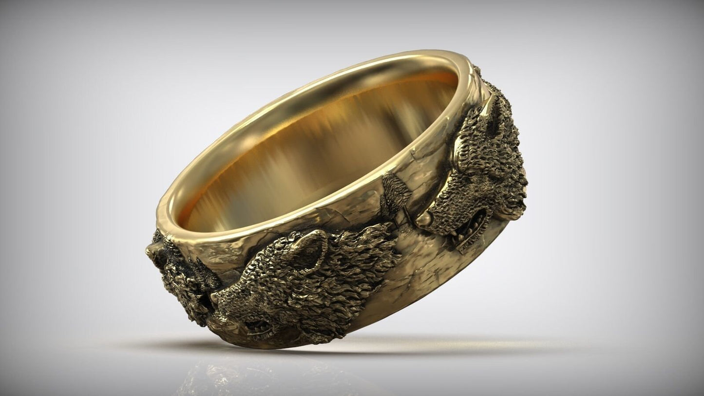 ring wolves sculpture silver 18kt gold unisex gift birthday anniversary made in Italy man woman