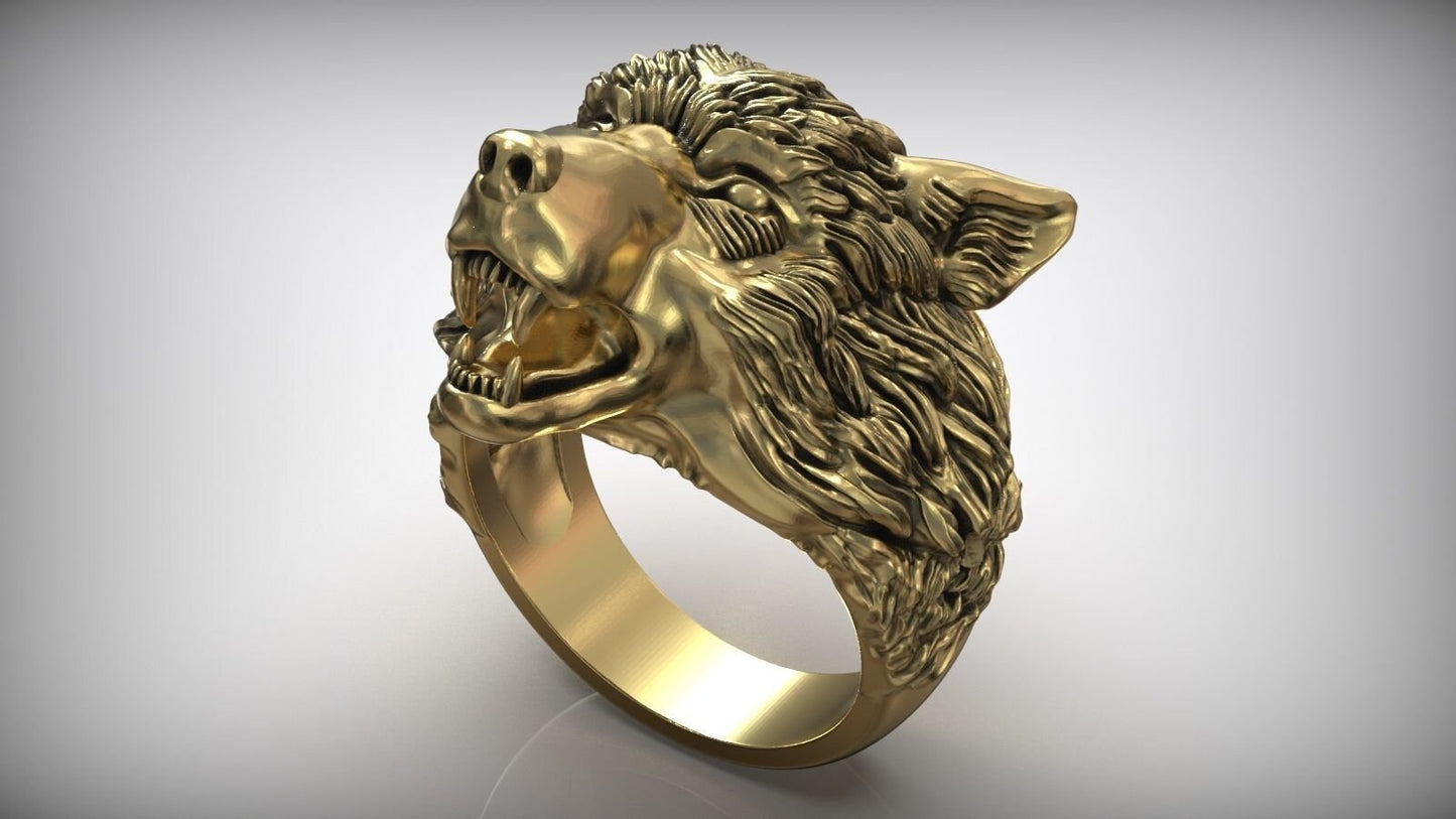 wolf ring sculpture design silver 18 kt gold unisex man gift animalier made in italy birthday sport party boy forest