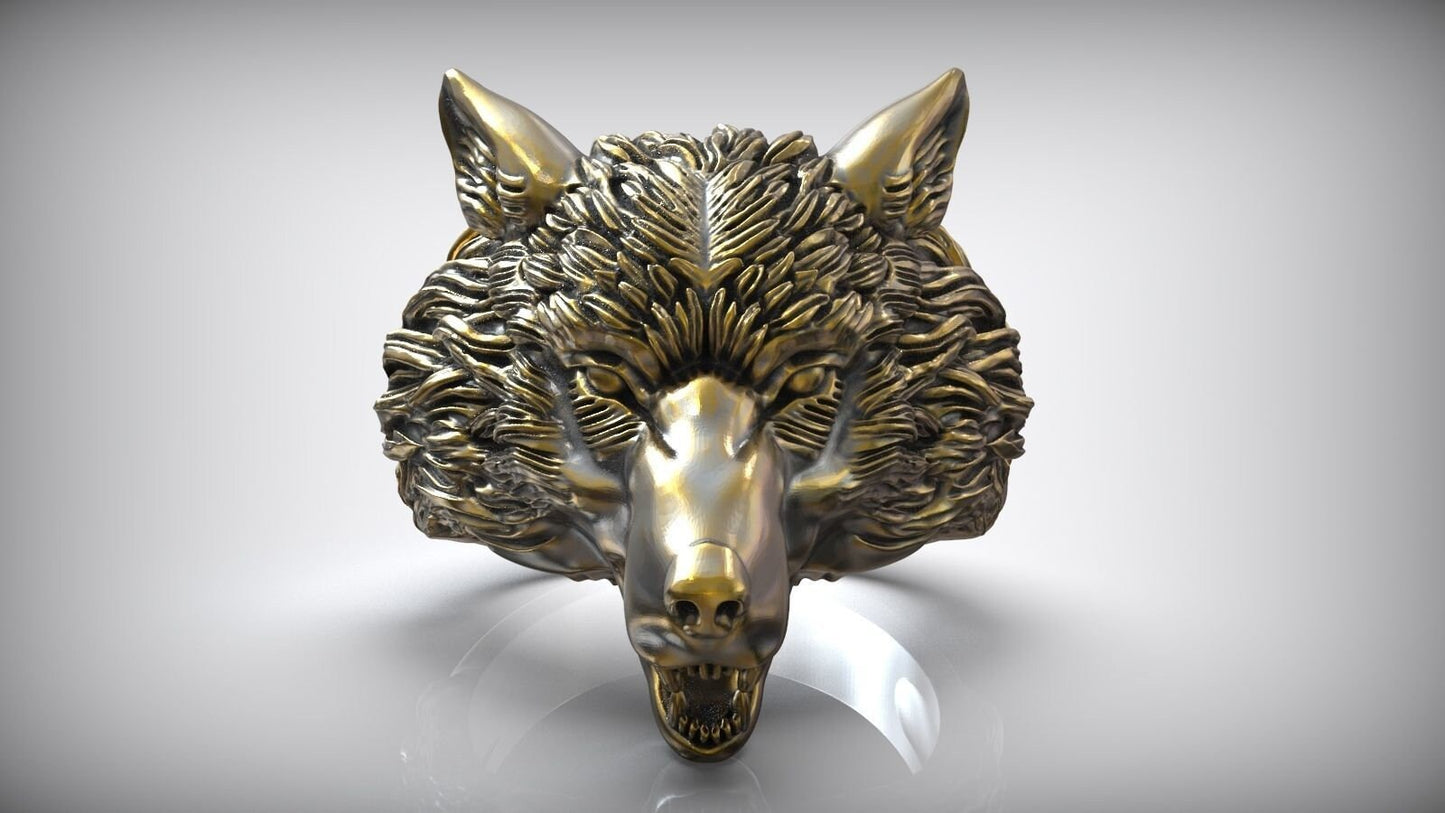 wolf ring sculpture design silver 18 kt gold unisex man gift animalier made in italy birthday sport party boy forest