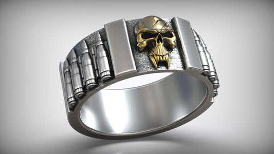 ring skull bullets war gold 18kt silver man unisex gift sculpture darkness night horror precious made in Italy