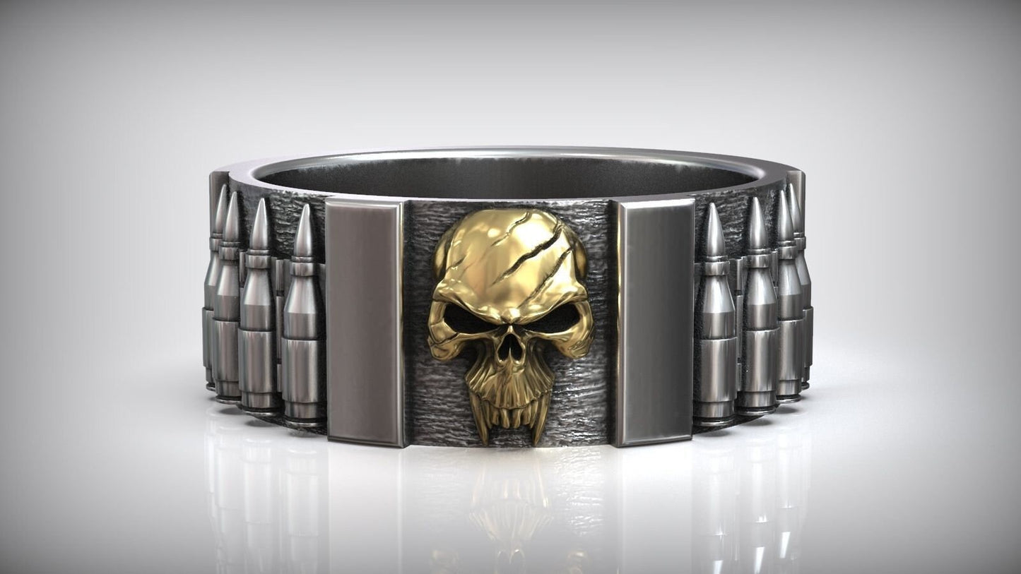 ring skull bullets war gold 18kt silver man unisex gift sculpture darkness night horror precious made in Italy