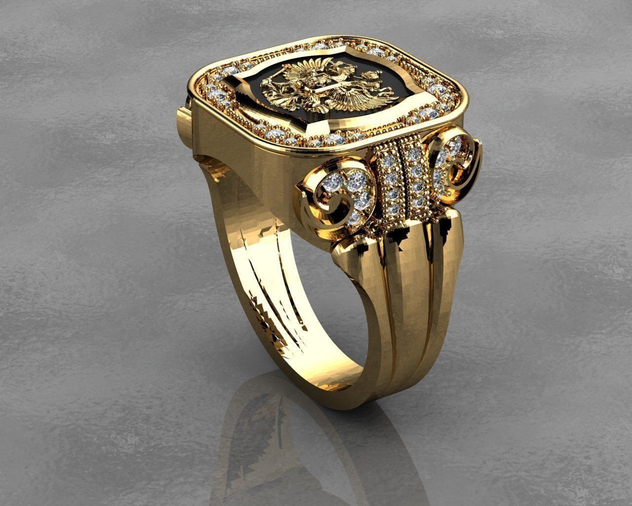 heraldic crest ring 2 eagles 18kt gold silver design unisex man gift diamonds made in italy precious fashion fashion