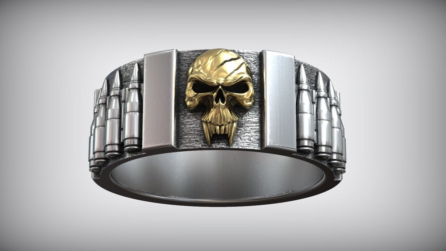 ring skull bullets war gold 18kt silver man unisex gift sculpture darkness night horror precious made in Italy