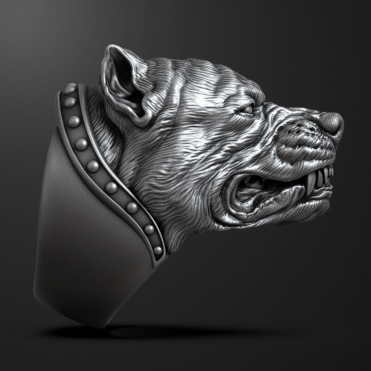 aggressive pitbull ring silver 18kt gold animalier fashion man unisex woman made in italy sculpture details strength symbol status