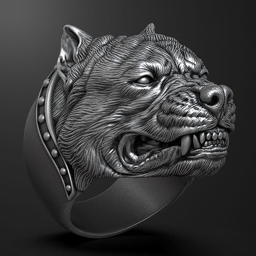 aggressive pitbull ring silver 18kt gold animalier fashion man unisex woman made in italy sculpture details strength symbol status