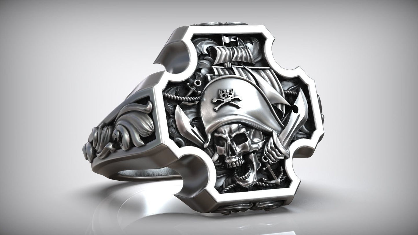 ring seal skull pirates silver 18kt gold unisex gift for men made in Italy design solid sea ship